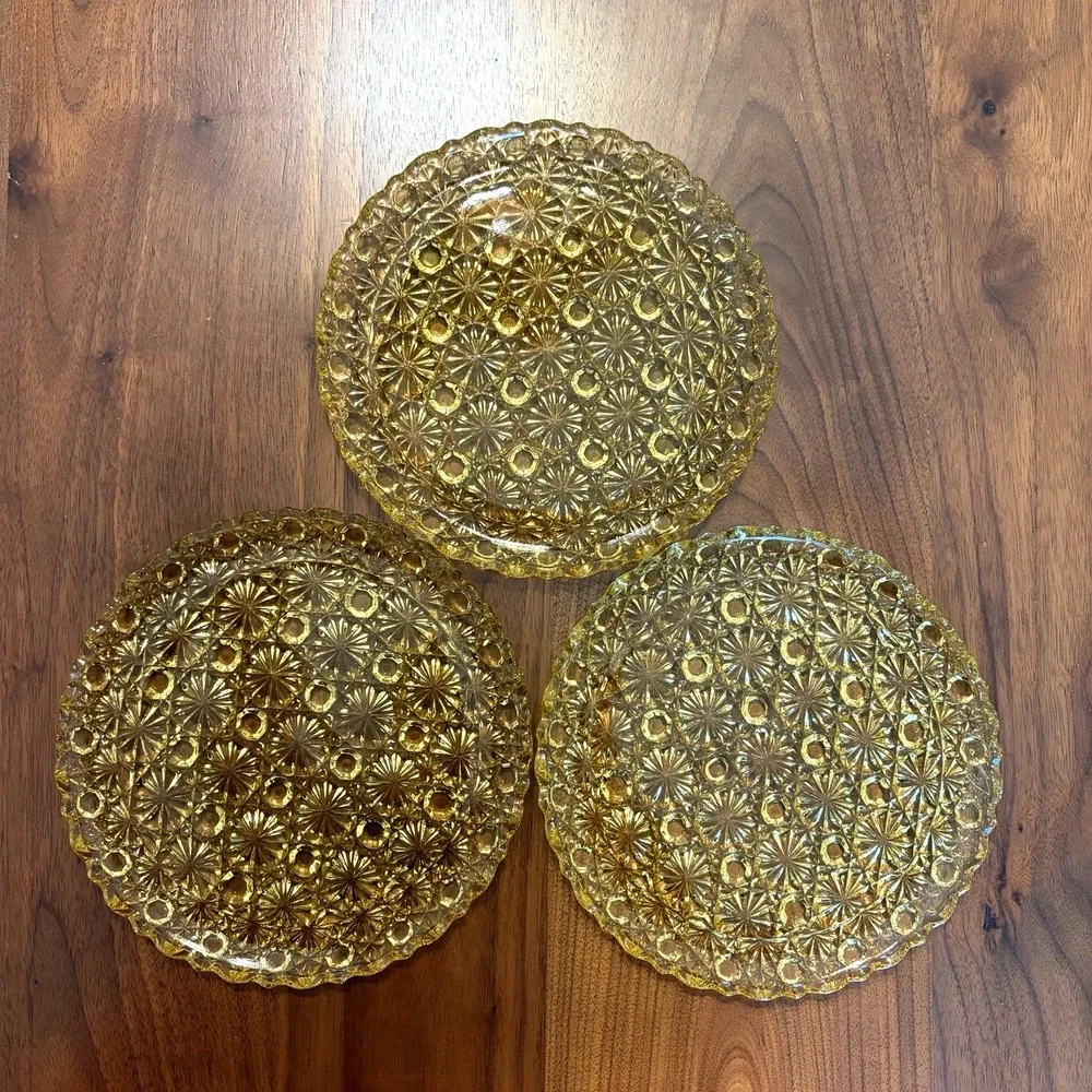 Scalloped Plate Daisy and Button Amber by L G Wright Glass 3 plates 6.75
